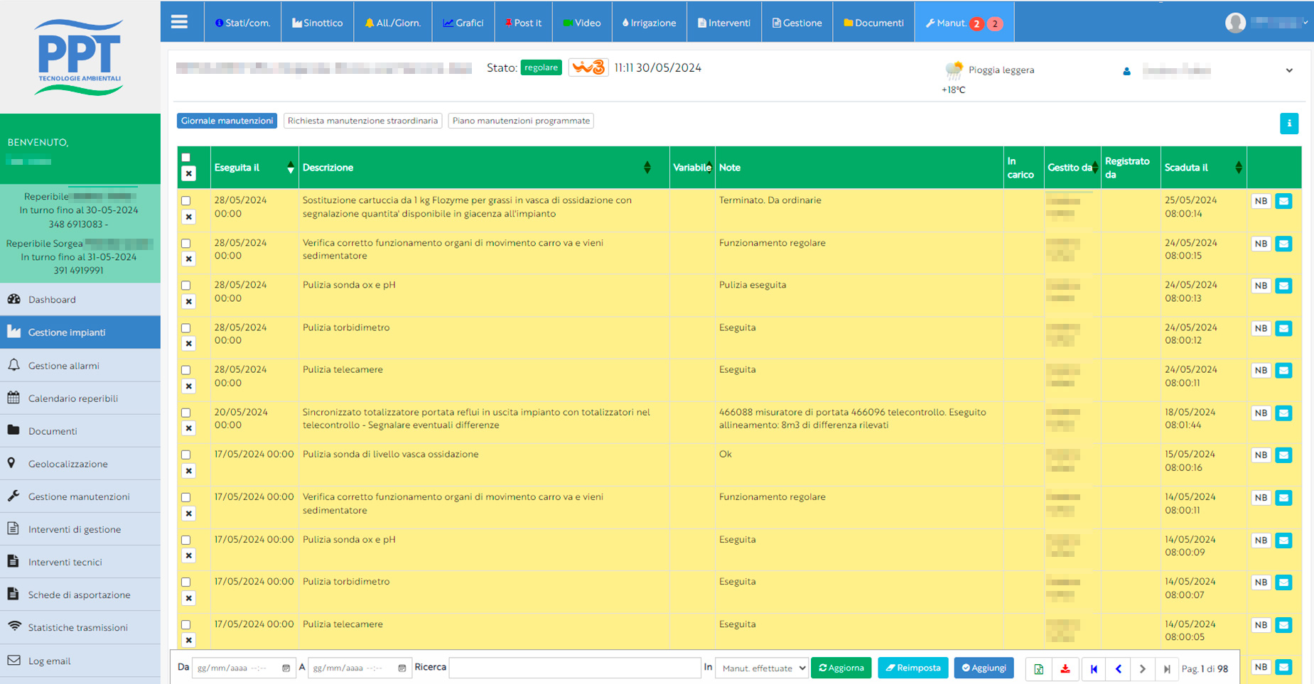 Registro delle manutenzioni in PPT Portal 3.0