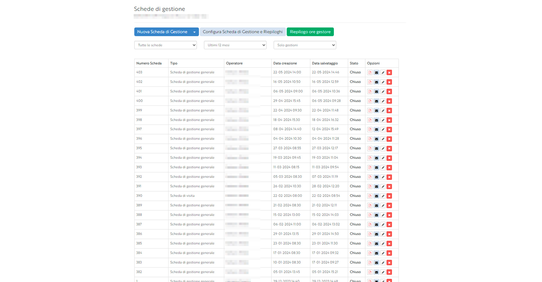 Schermata degli interventi di gestione in PPT Portal 3.0